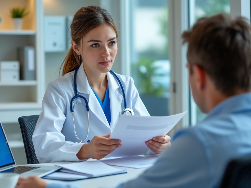 Accueil chaleureux en cabinet médical avec documents des patients