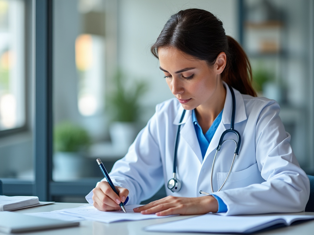 Médecin traitant rédigeant un certificat médical