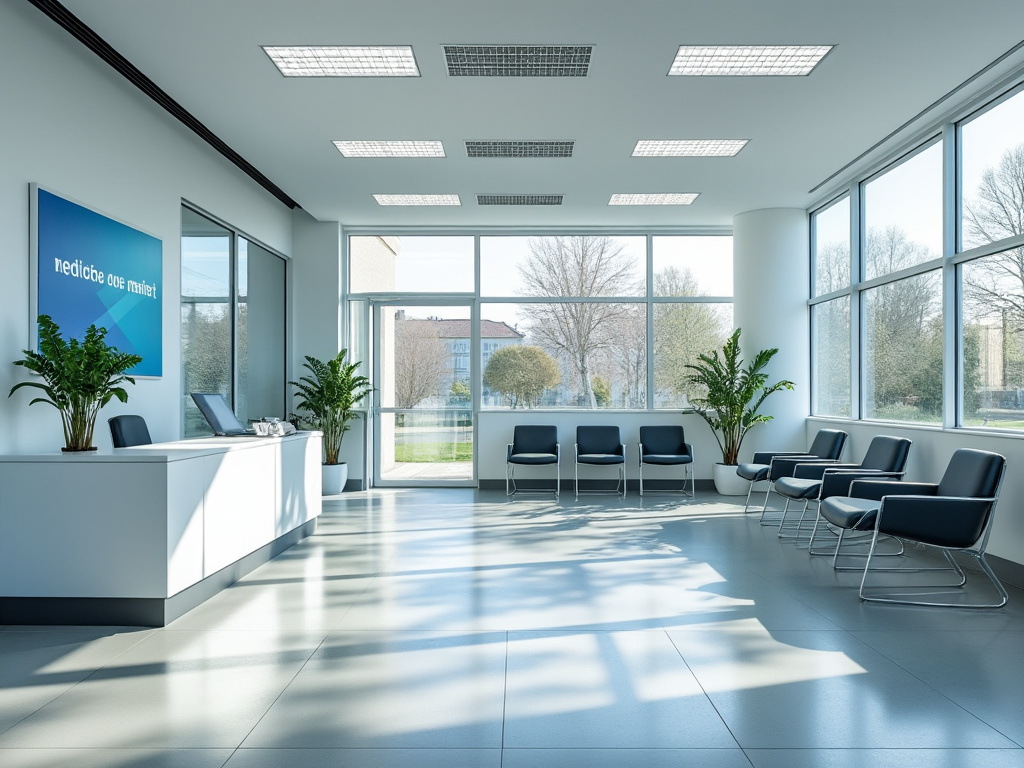 Salle d'attente lumineuse et neutre dans un cabinet médical
