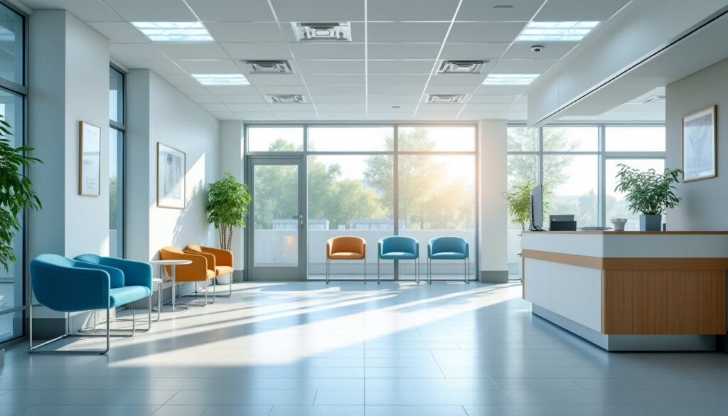 Salle d'attente lumineuse dans un cabinet médical français