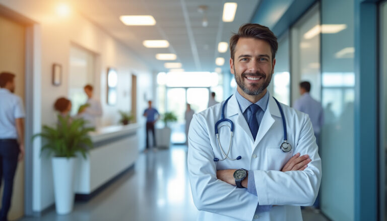 Accueil cabine médical français avec documents patients