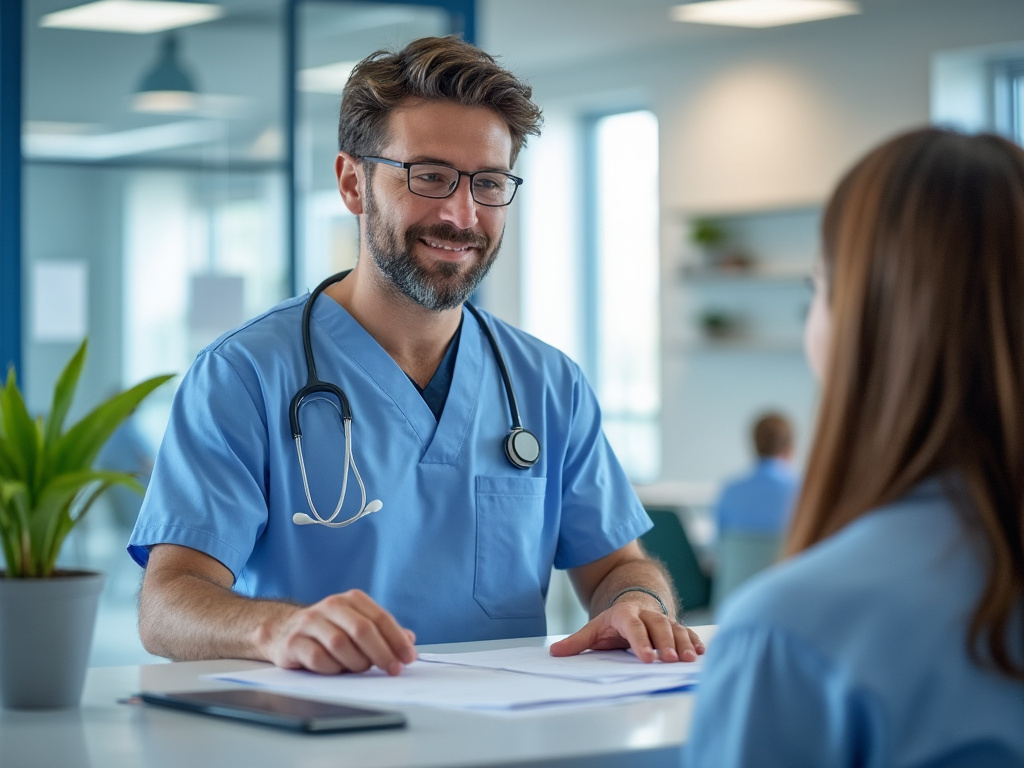 Accueil patient au cabinet médical avec documents administratifs