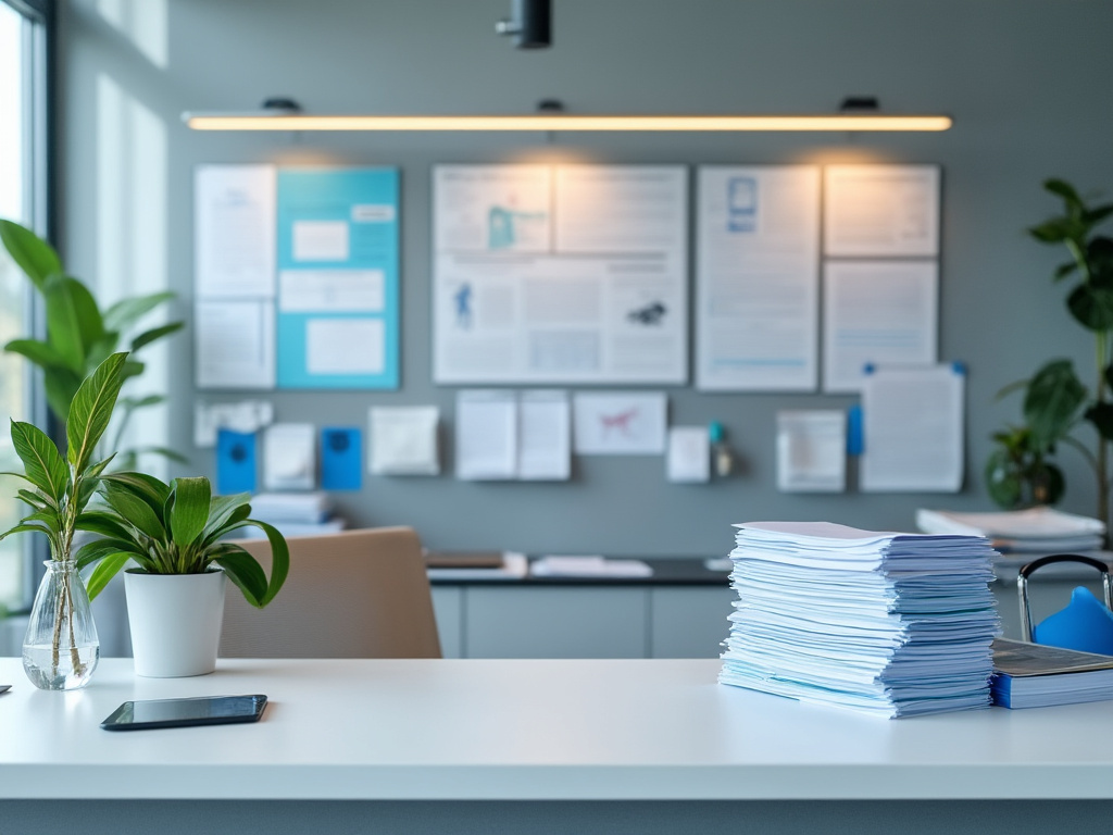 Comptoir d'accueil d'un cabinet médical avec documents patients