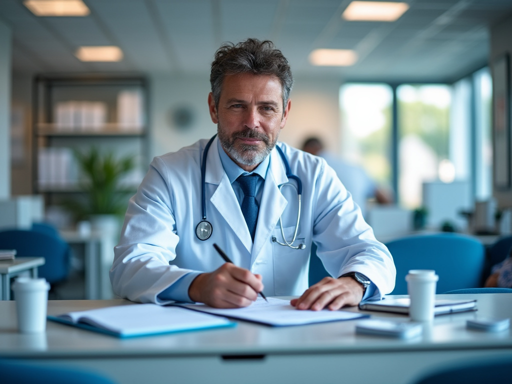 Médecin généraliste écrivant une ordonnance dans un cabinet