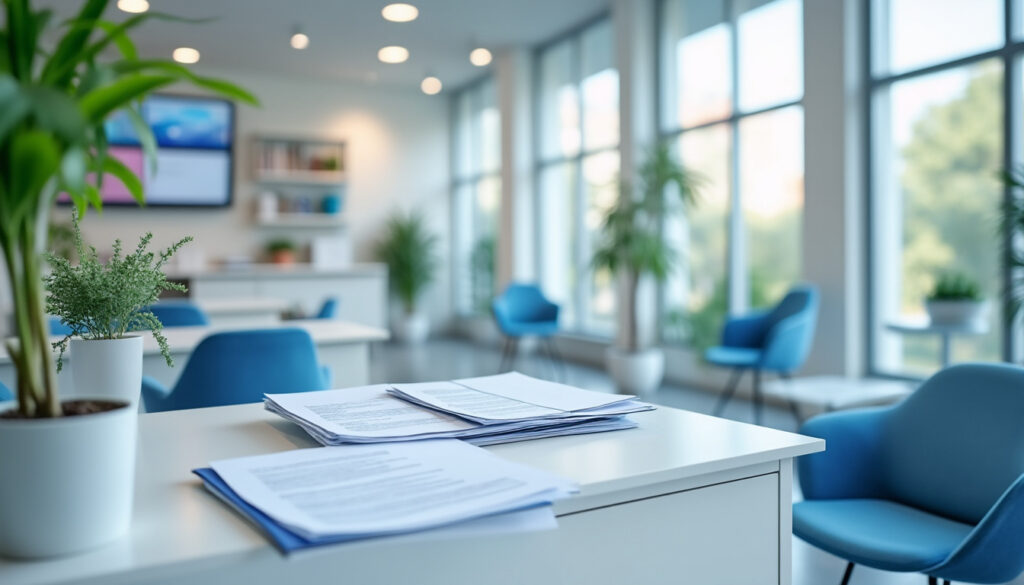 Accueil d'un cabinet médical en France avec espace attente et documents patients