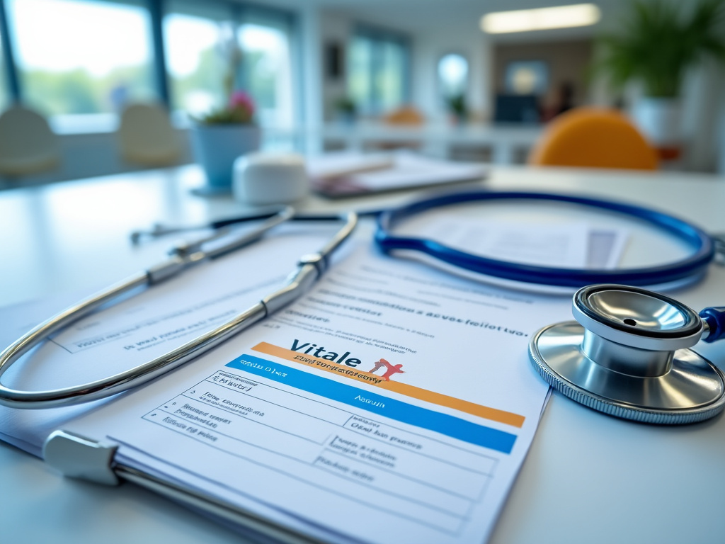 Documents médicaux et carte Vitale dans un cabinet médical