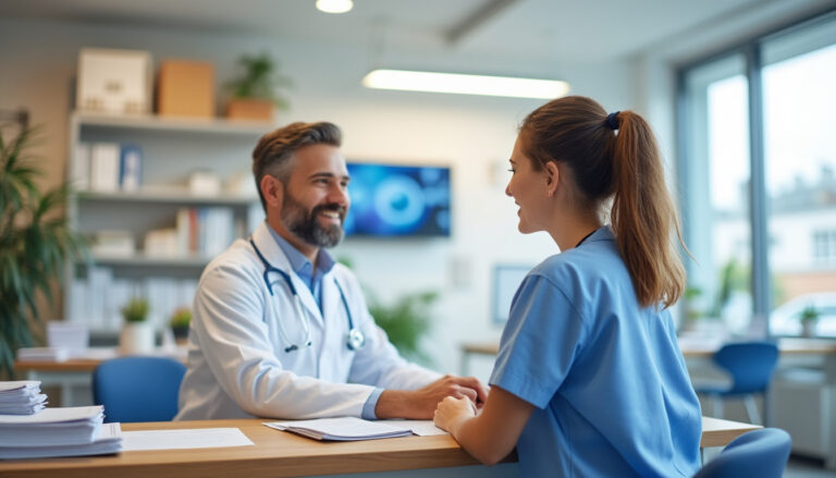 Accueil dans un cabinet médical en France avec documents patients