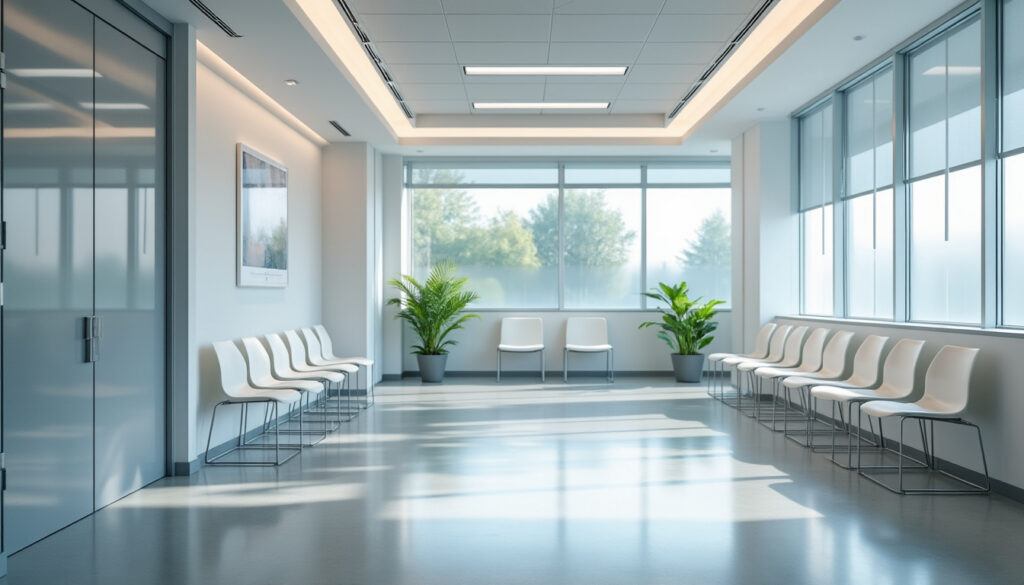 Salle d'attente d'un cabinet médical en France, atmosphere calme et professionnelle