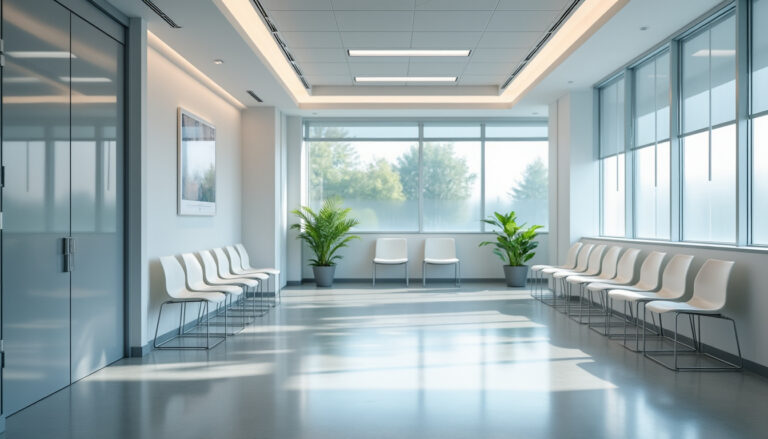 Salle d'attente d'un cabinet médical en France, atmosphere calme et professionnelle