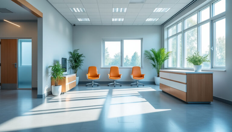 Salle d'attente d'un cabinet médical lumineux et calme