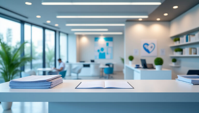 Accueil d'un cabinet médical en France, espace lumineux avec documents patients