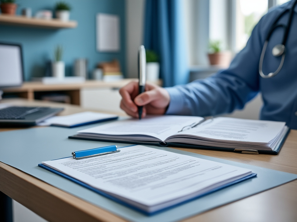 Documents patients et carte Vitale sur un bureau d'un cabinet médical